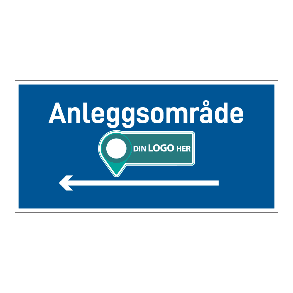 Anleggsområde skilt: "Anleggsområde" m/pil venstre. Med logo