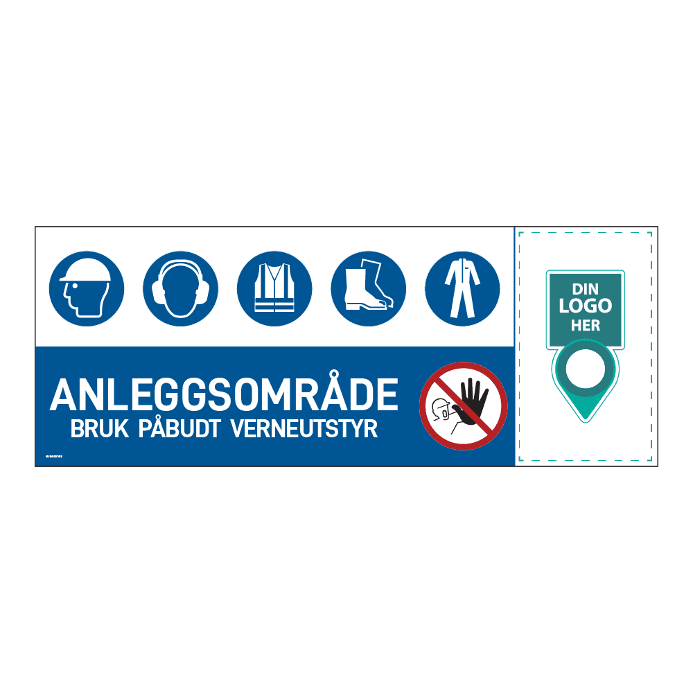 Anleggsområde skilt: "Anleggsområde, bruk påbudt verneutstyr". Med logo høyre side