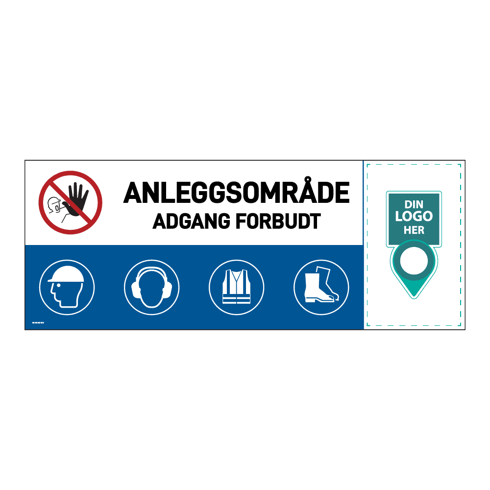 Anleggsområde banner: "Anleggsområde, adgang forbudt". Med logo høyre side