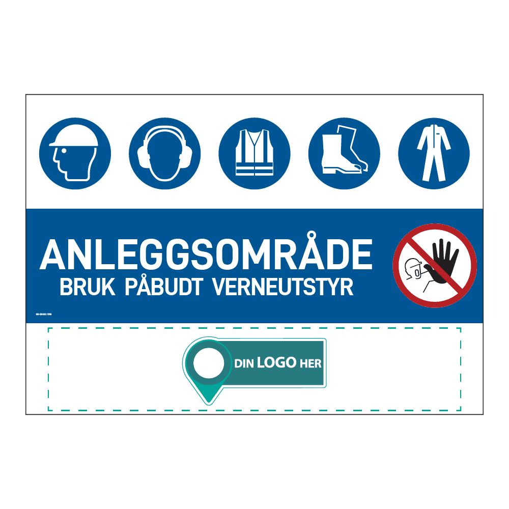 Anleggsområde banner: "Anleggsområde, bruk påbudt verneutstyr". Med logo under