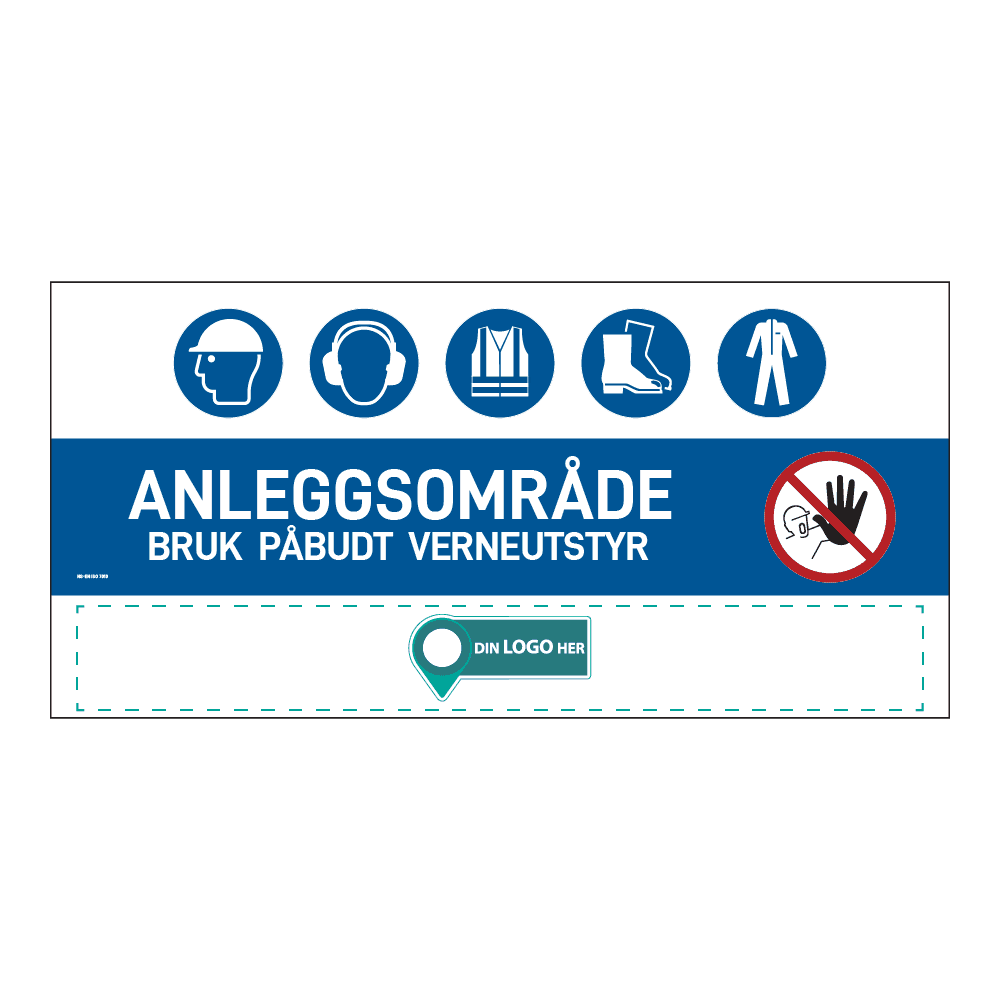 Anleggsområde banner: "Anleggsområde, bruk påbudt verneutstyr". Med logo under