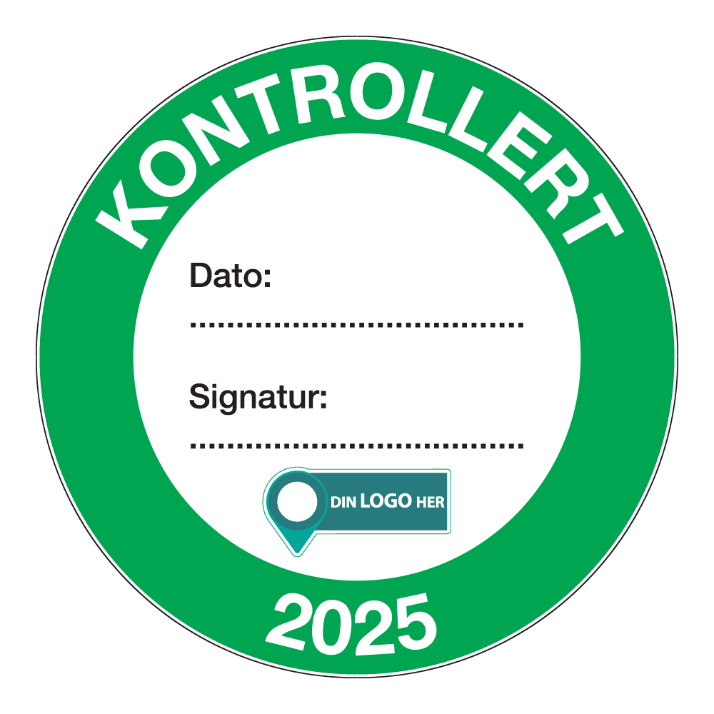 Kontrollmerker: "Kontrollert, 2025" Grønn. Med logo