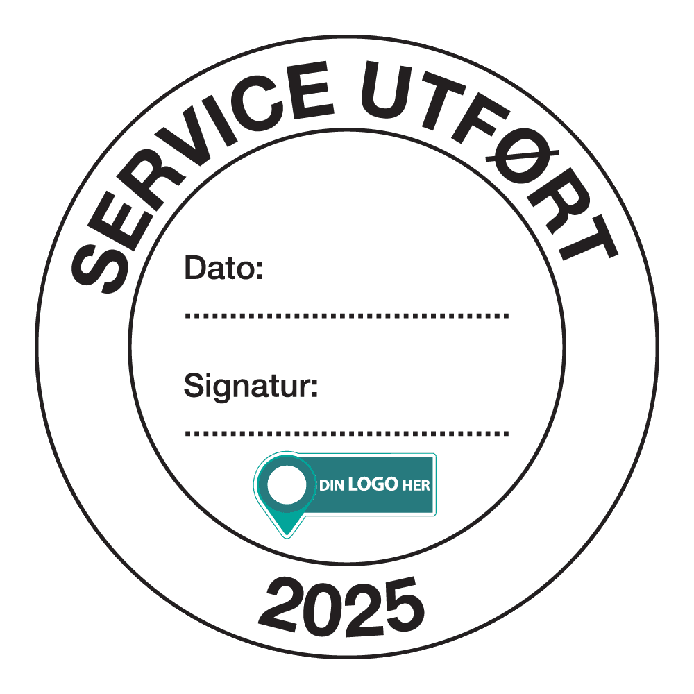 Kontrollmerker: "Service utført, 2025" Hvit. Med logo