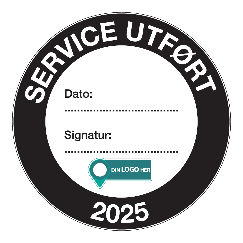 Kontrollmerker: "Service utført, 2025" Sort. Med logo
