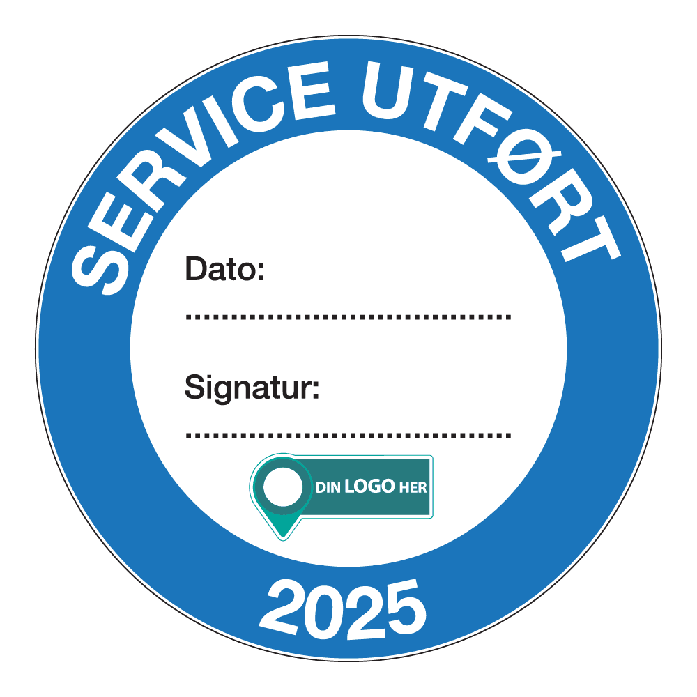 Kontrollmerker: "Service utført, 2025" Blå. Med logo
