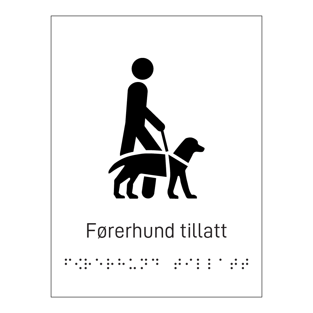 Informasjonsskilt: "Førerhund tillatt" m/ taktilt trykk