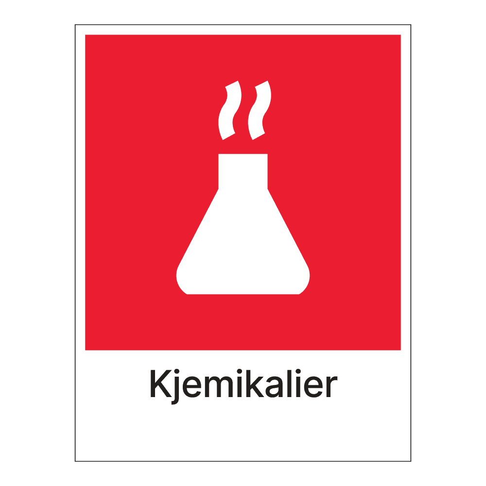 Kildesorteringsskilt: "Kjemikalier" m/tekst under
