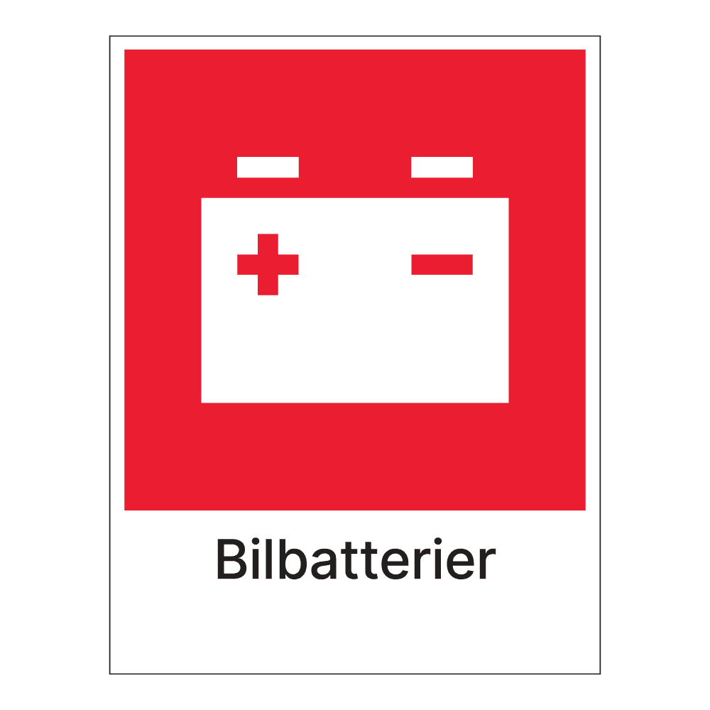 Kildesorteringsskilt: "Bilbatterier" m/tekst under