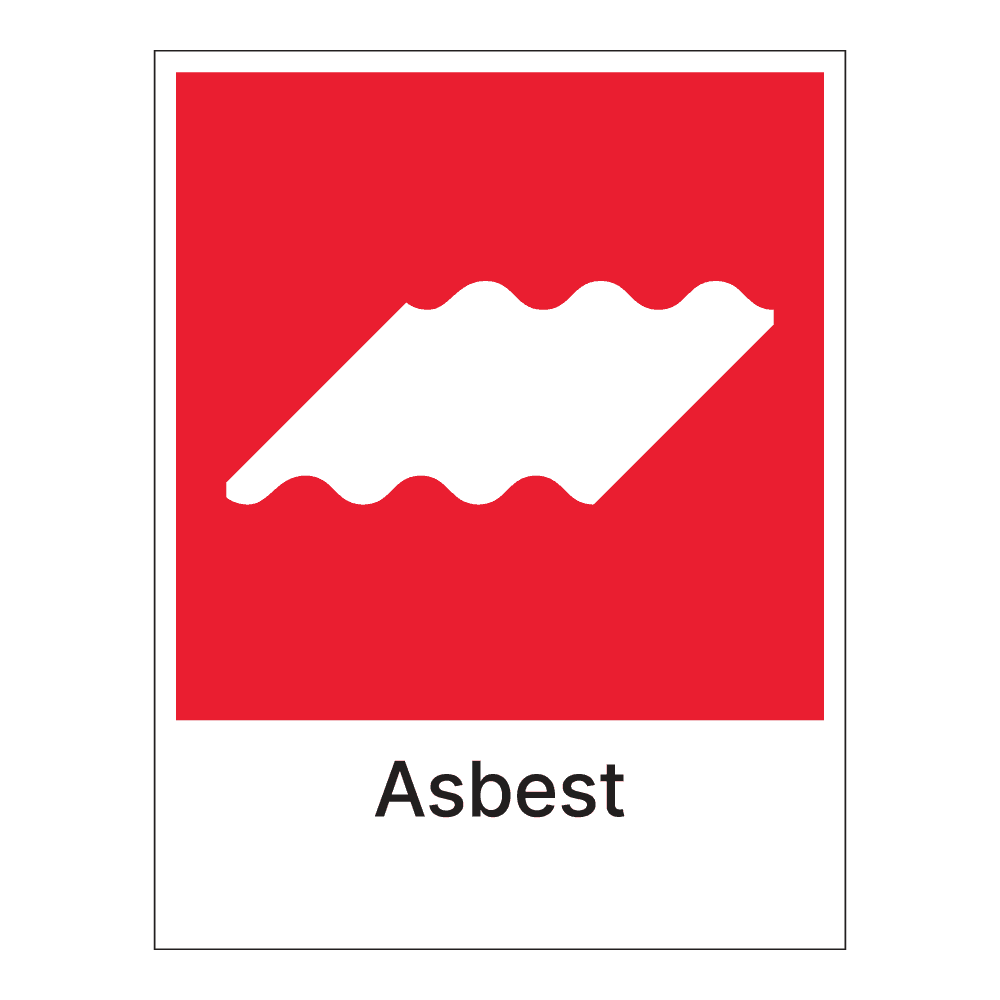 Kildesorteringsskilt: "Asbest" m/tekst under
