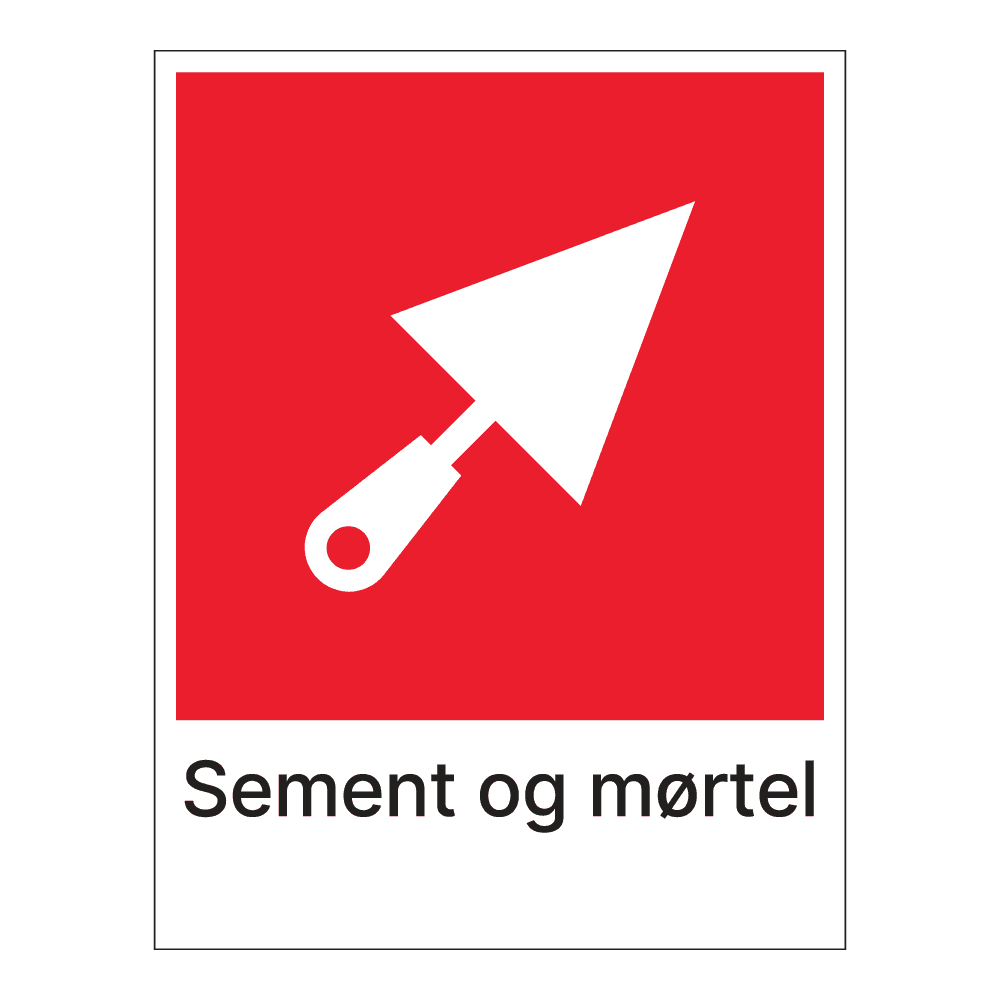 Kildesorteringsskilt: "Sement og mørtel" m/tekst under