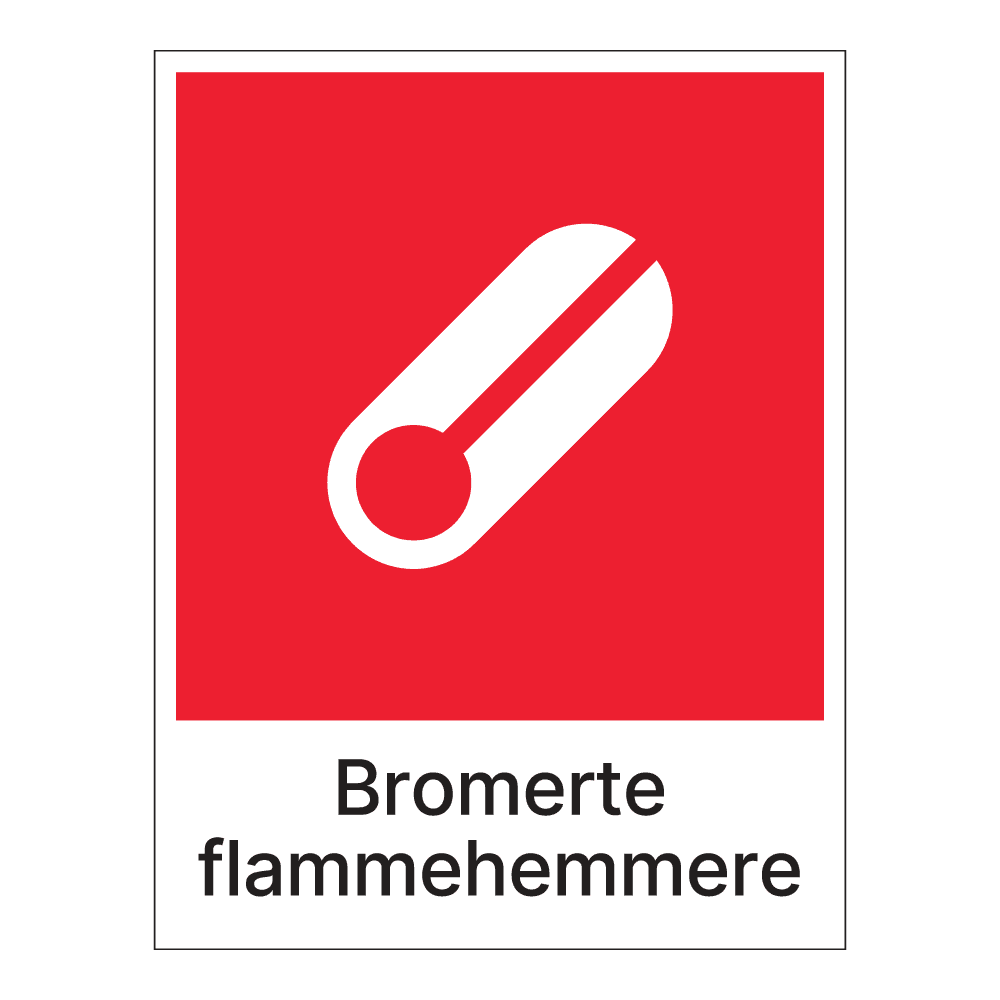 Kildesorteringsskilt: "Bromerte flammehemmere" m/tekst under
