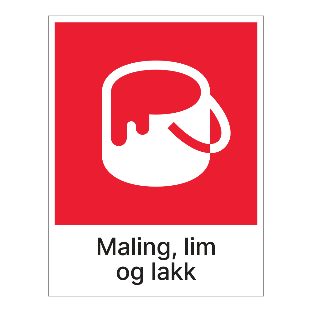 Kildesorteringsskilt: "Maling, lim og lakk" m/tekst under