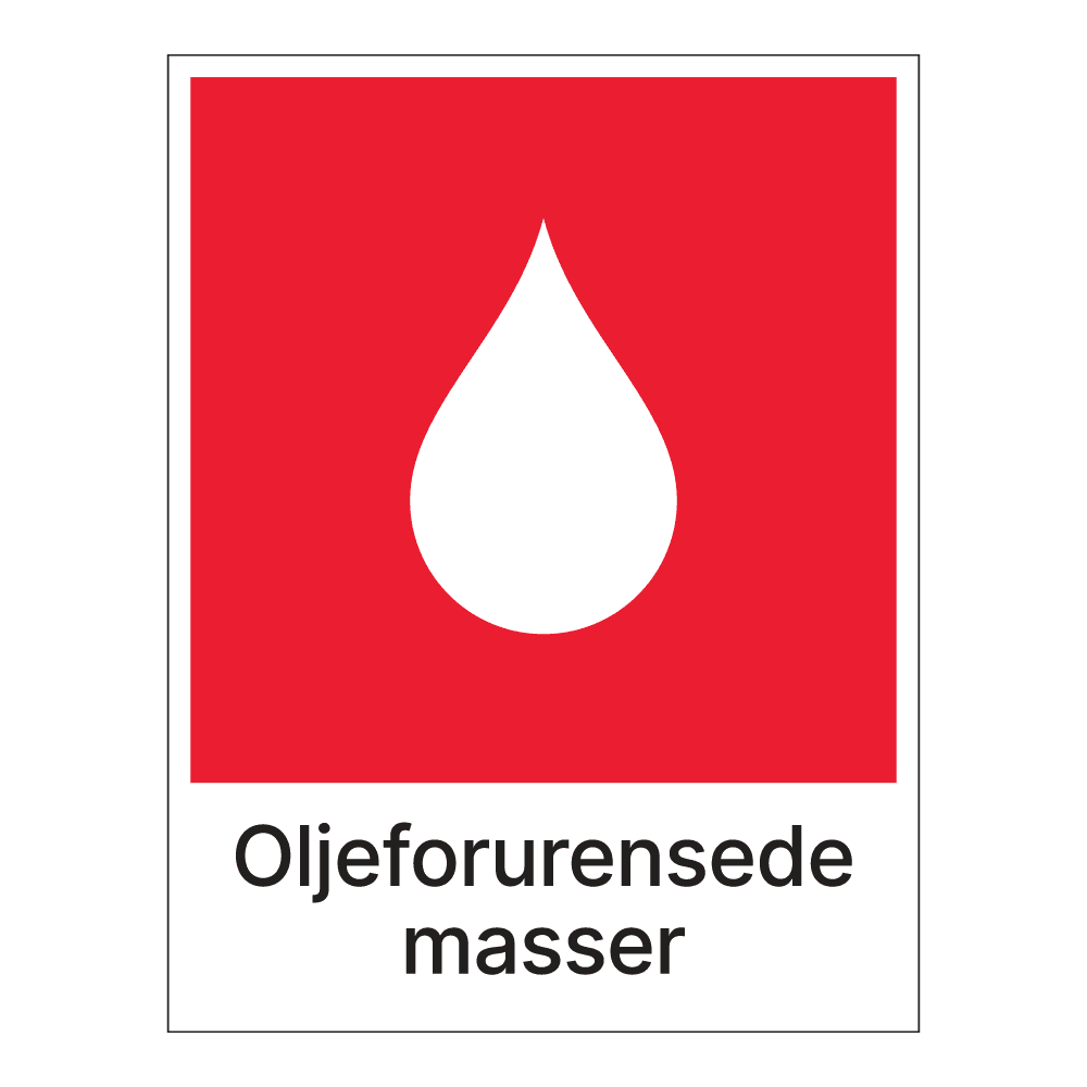 Kildesorteringsskilt: "Oljeforurenset masse" m/tekst under