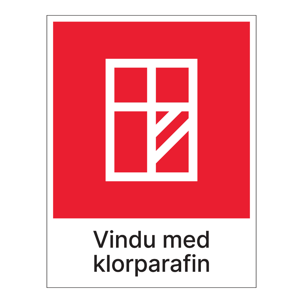 Kildesorteringsskilt: "Vindu med klorparafin" m/tekst under