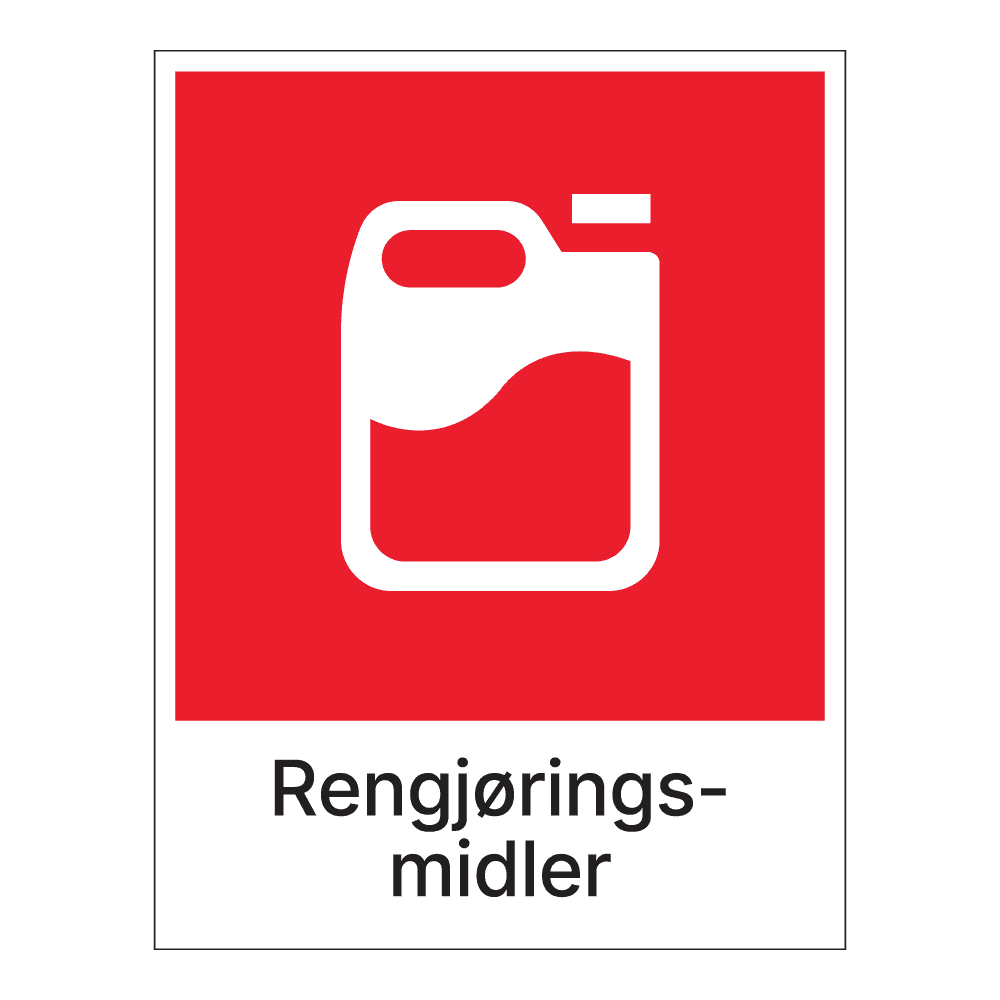 Kildesorteringsskilt: "Rengjøringsmidler" m/tekst under