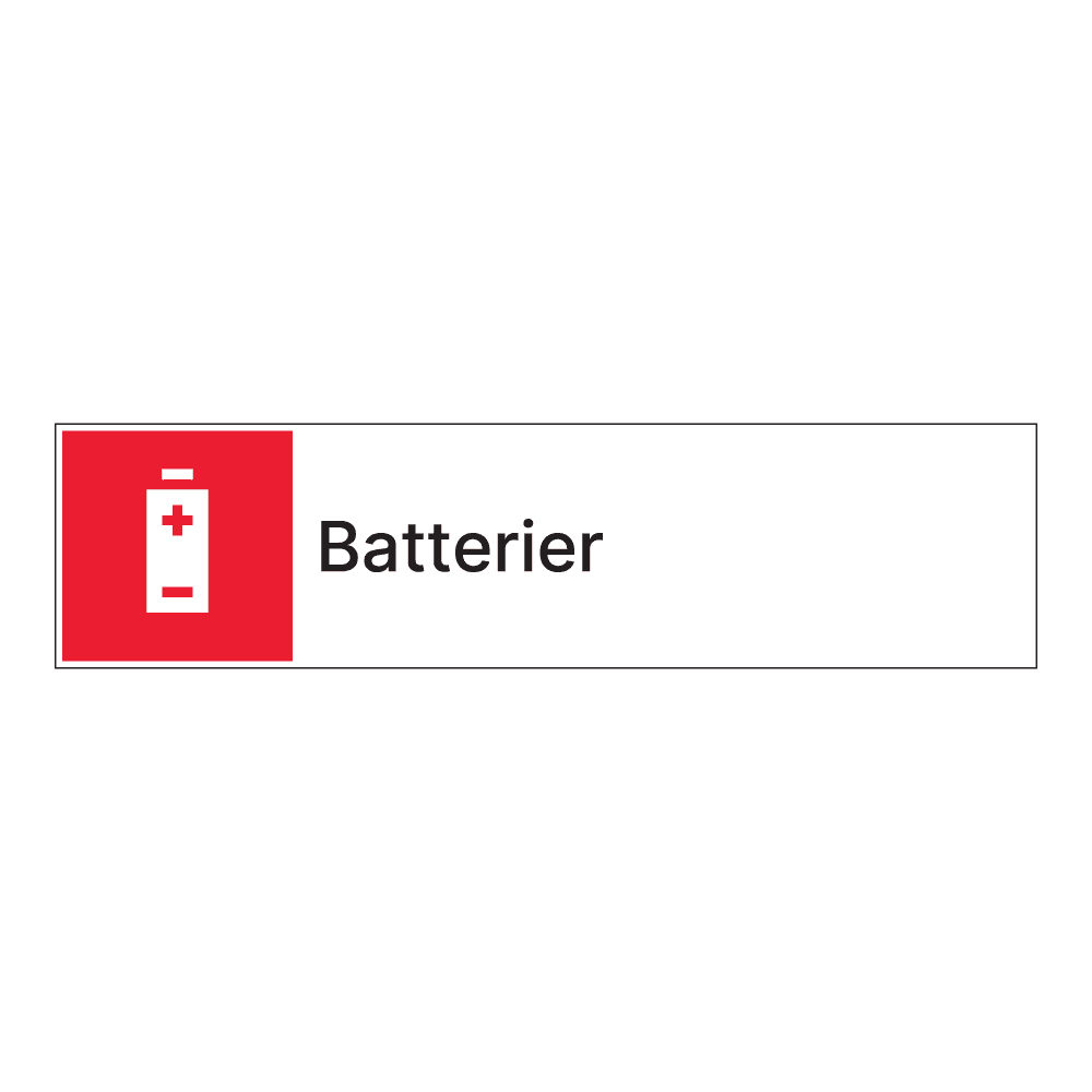Kildesorteringsskilt: "Batterier" m/tekst ved siden av