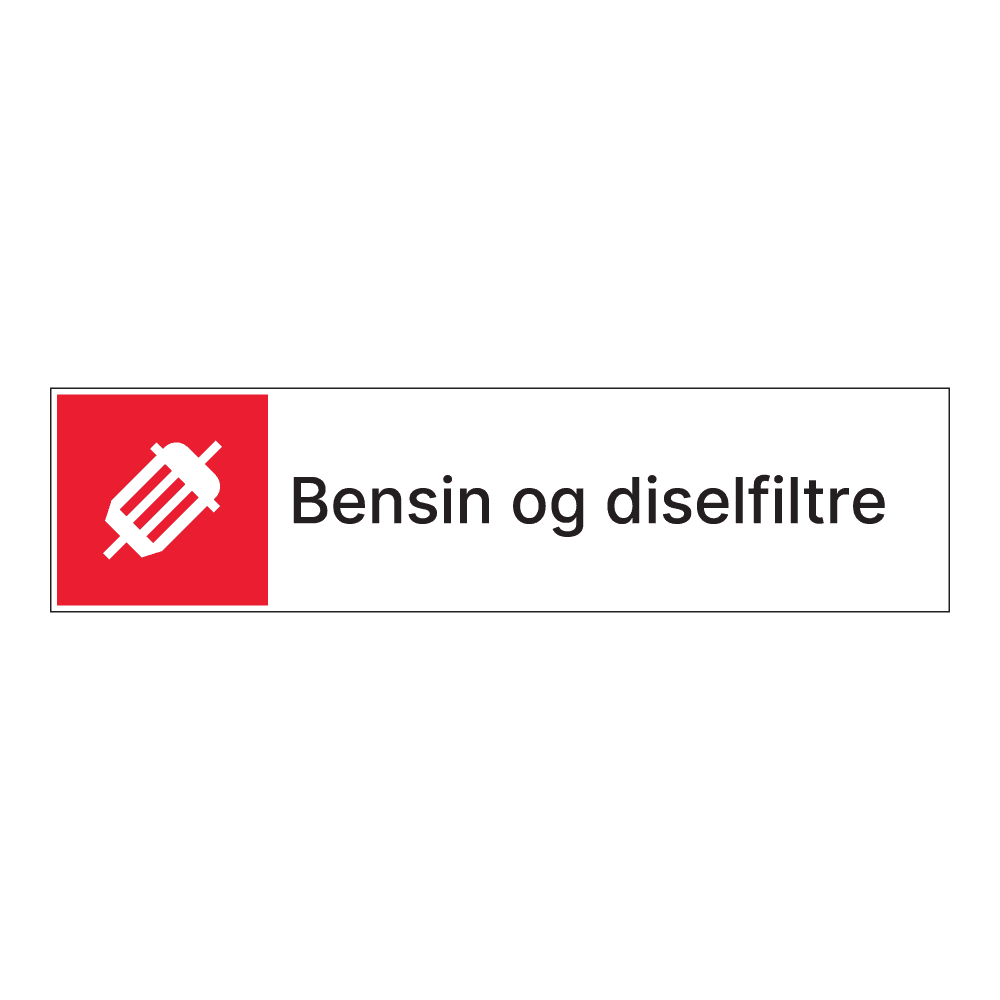 Kildesorteringsskilt: "Bensin og dieselfiltre" m/tekst ved siden av