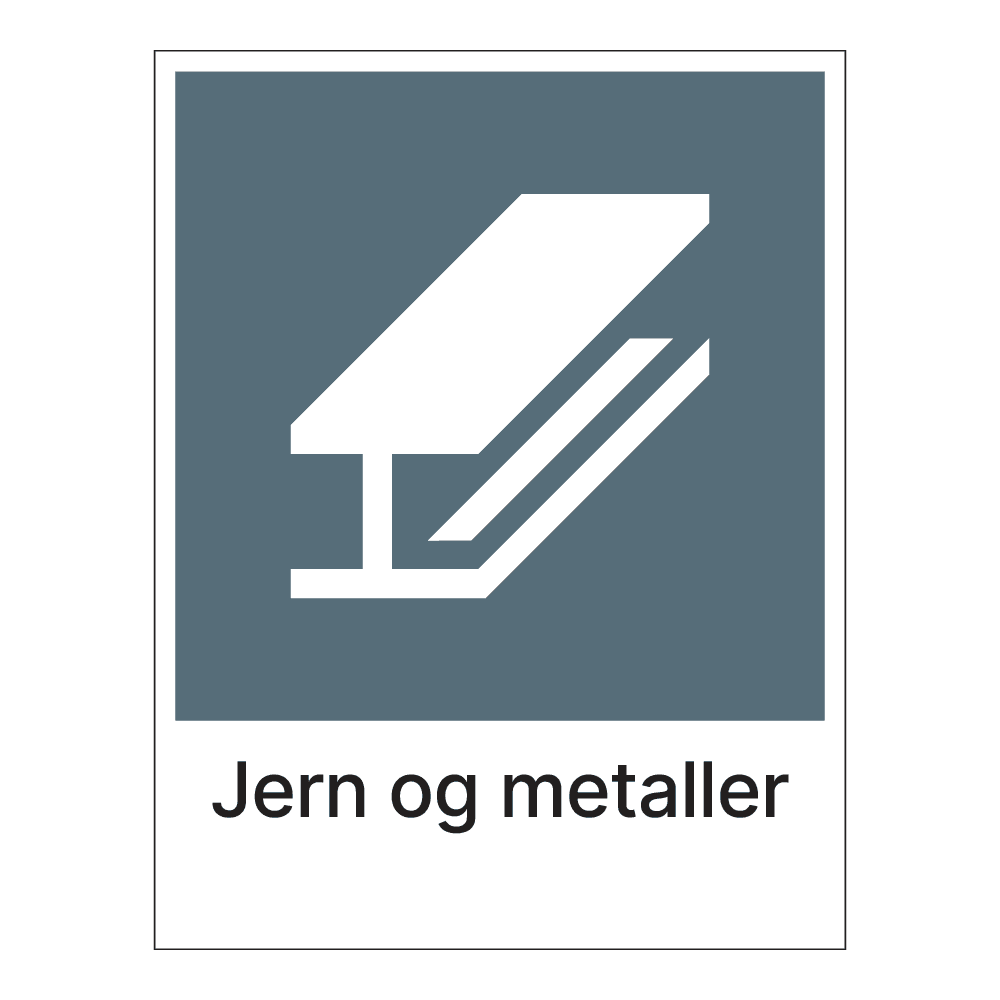 Kildesorteringsskilt: "Jern og metaller" m/tekst under