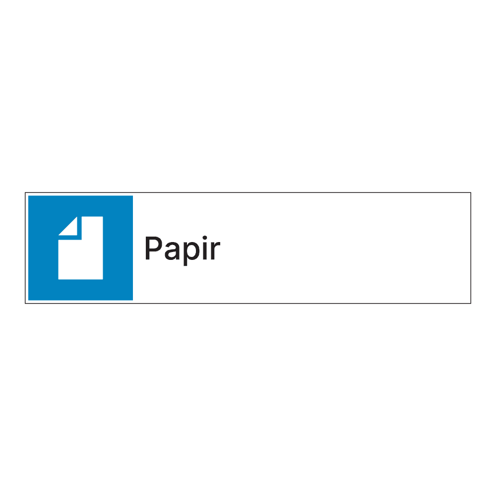 Kildesorteringsskilt: "Papir" m/tekst ved siden av