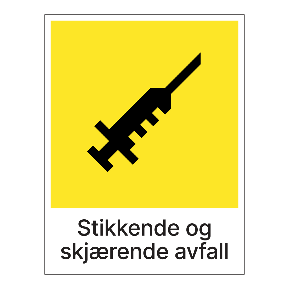 Kildesorteringsskilt: "Stikkende og skjærende avfall" m/tekst under