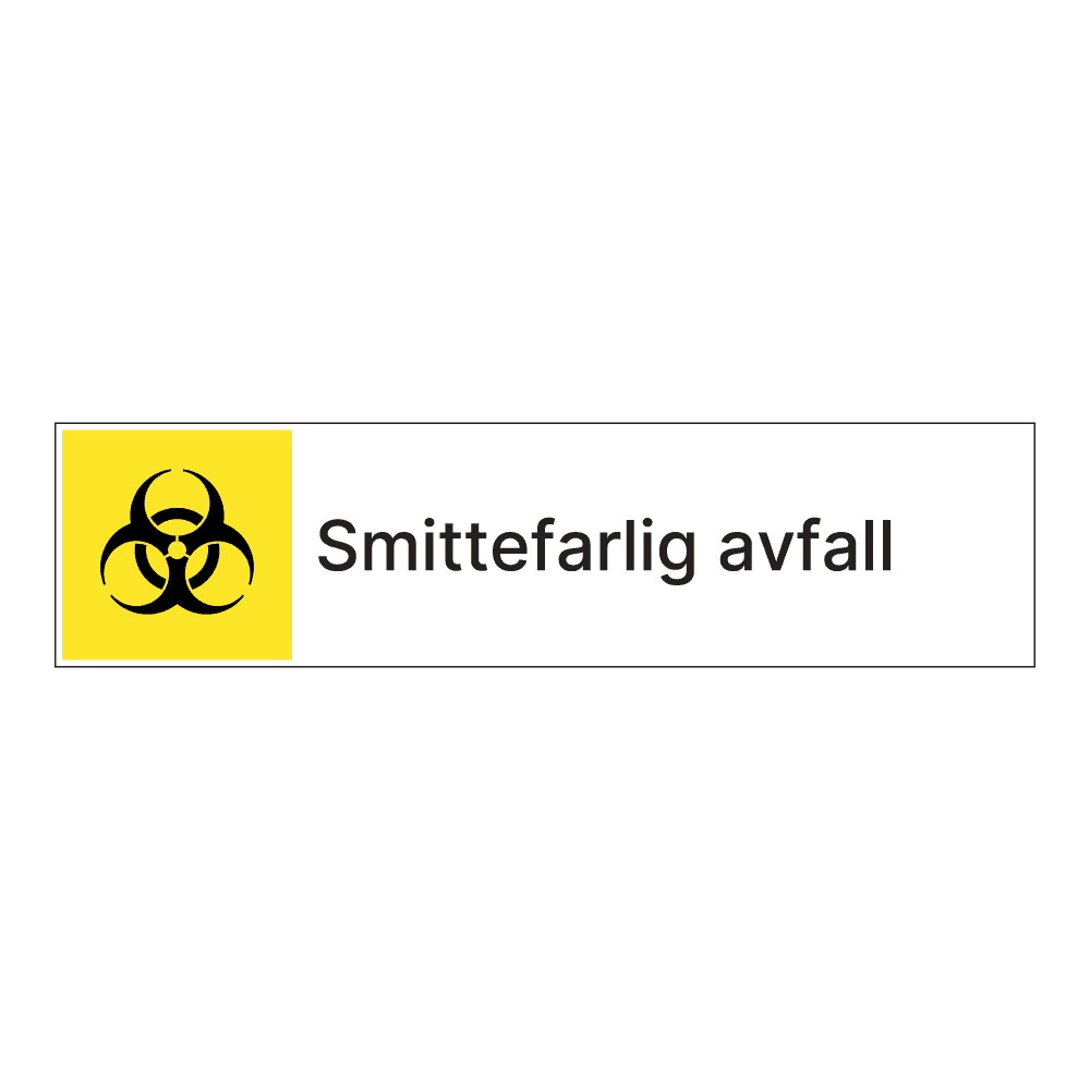 Kildesorteringsskilt: "Smittefarlig avfall" m/tekst ved siden av