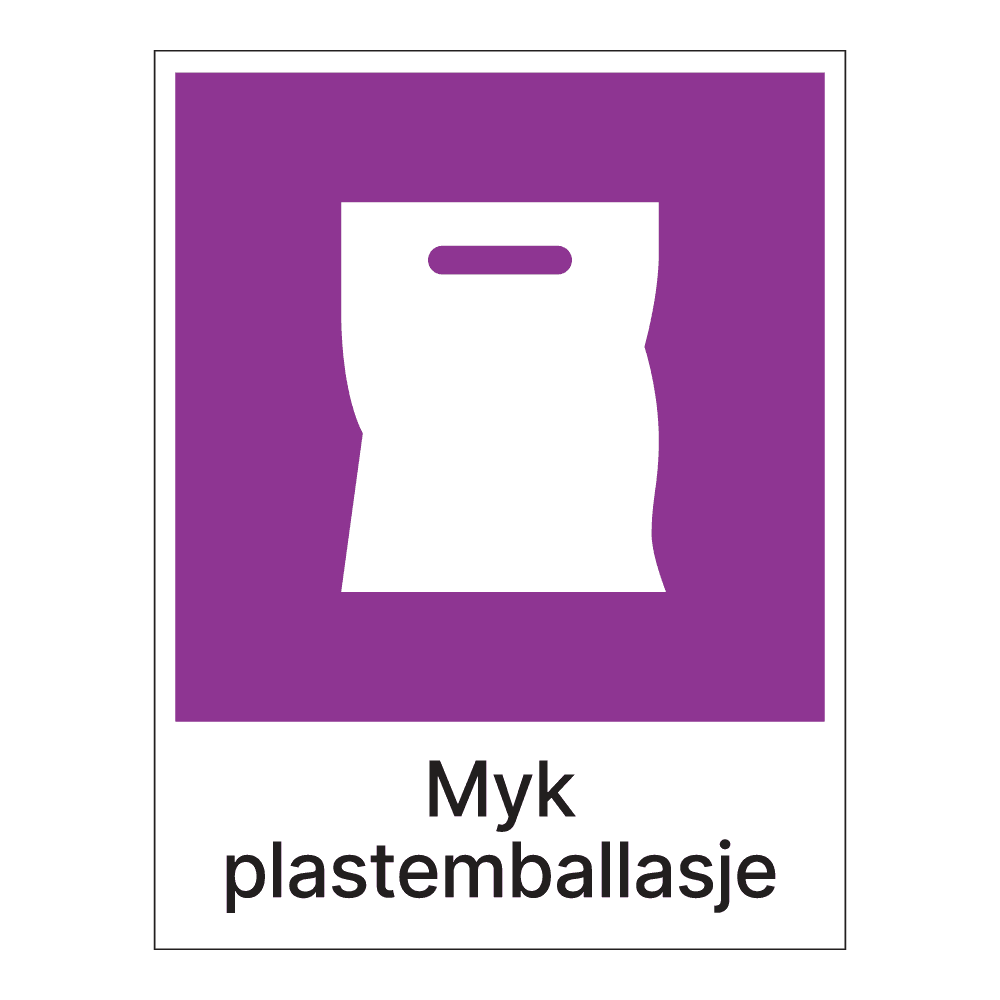 Kildesorteringsskilt: "Myk plastemballasje" m/tekst under