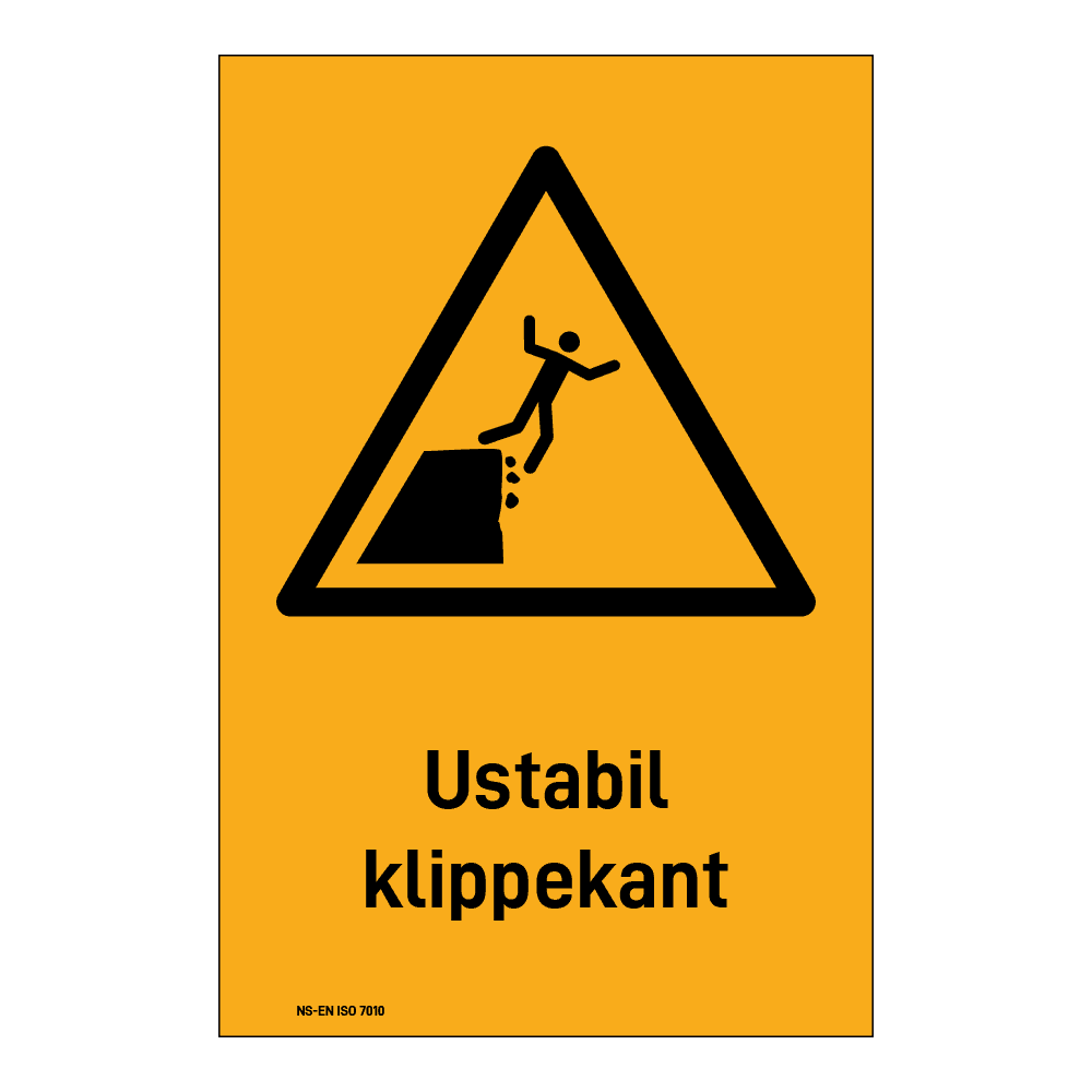 Advarselsskilt: "Ustabil klippekant" m/tekst under