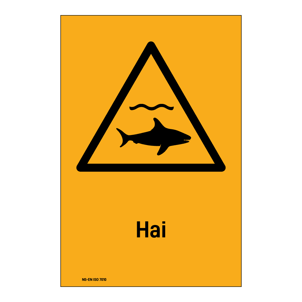 Advarselsskilt: "Hai" m/tekst under