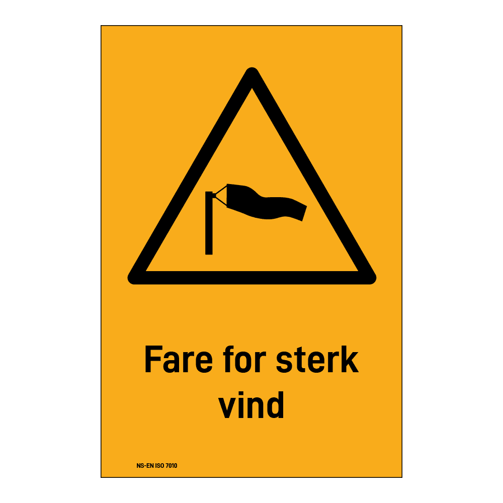 Advarselsskilt: "Fare for sterk vind" m/tekst under