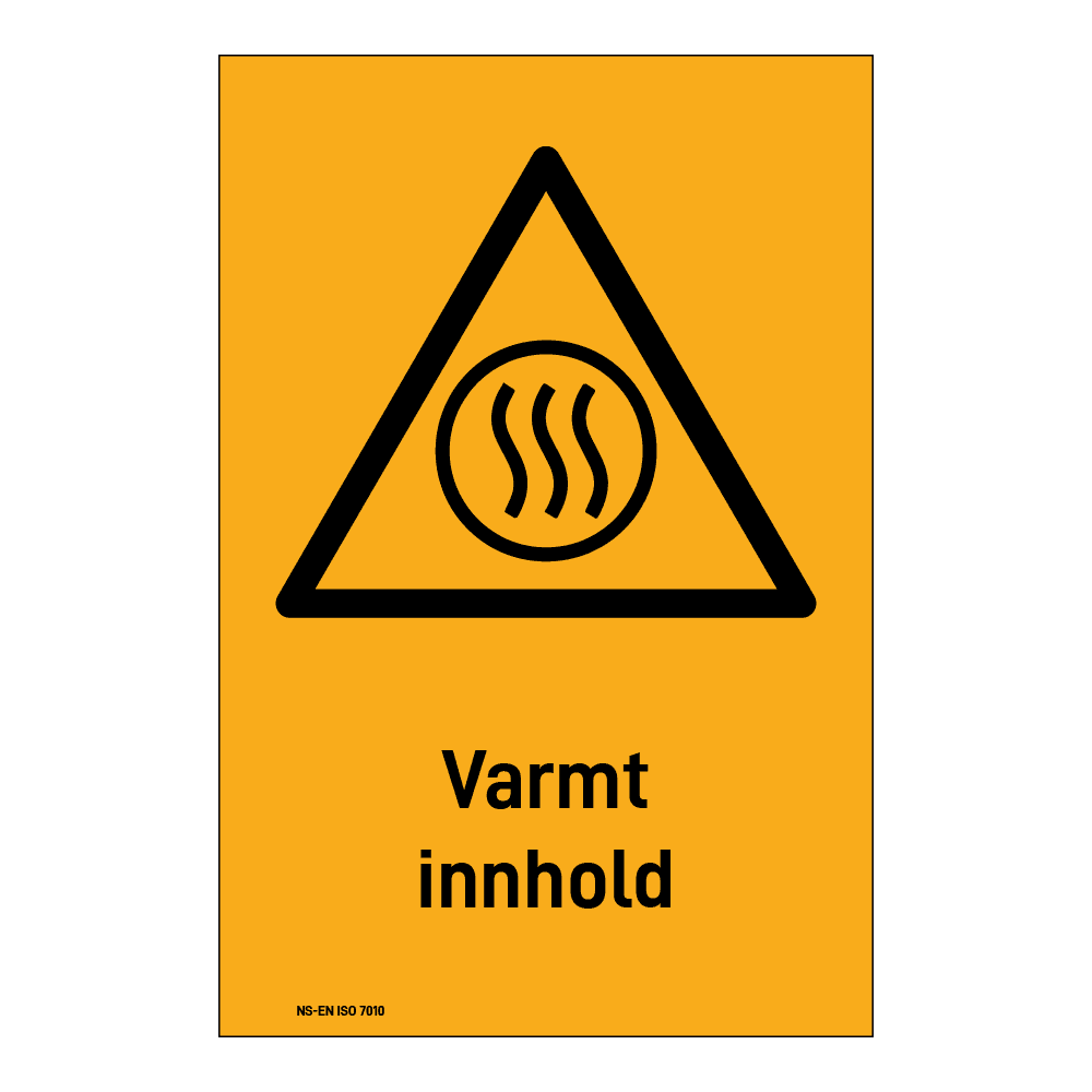 Advarselsskilt: "Varmt innehold" m/tekst under