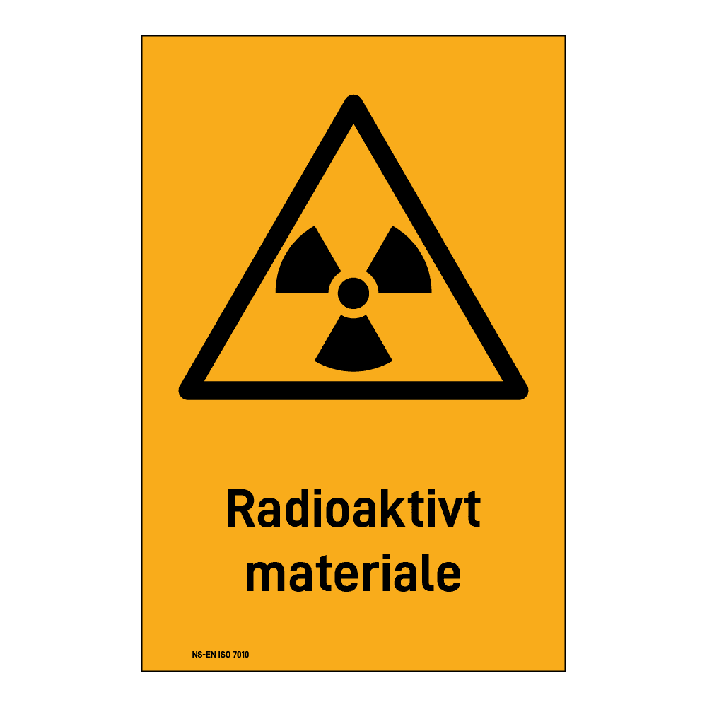 Advarsel klistremerke: "Radioaktivt materiale" m/tekst under