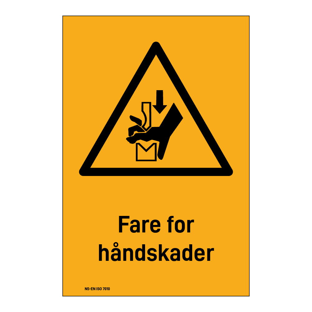 Advarsel klistremerke: "Fare for håndskade 1" m/tekst under