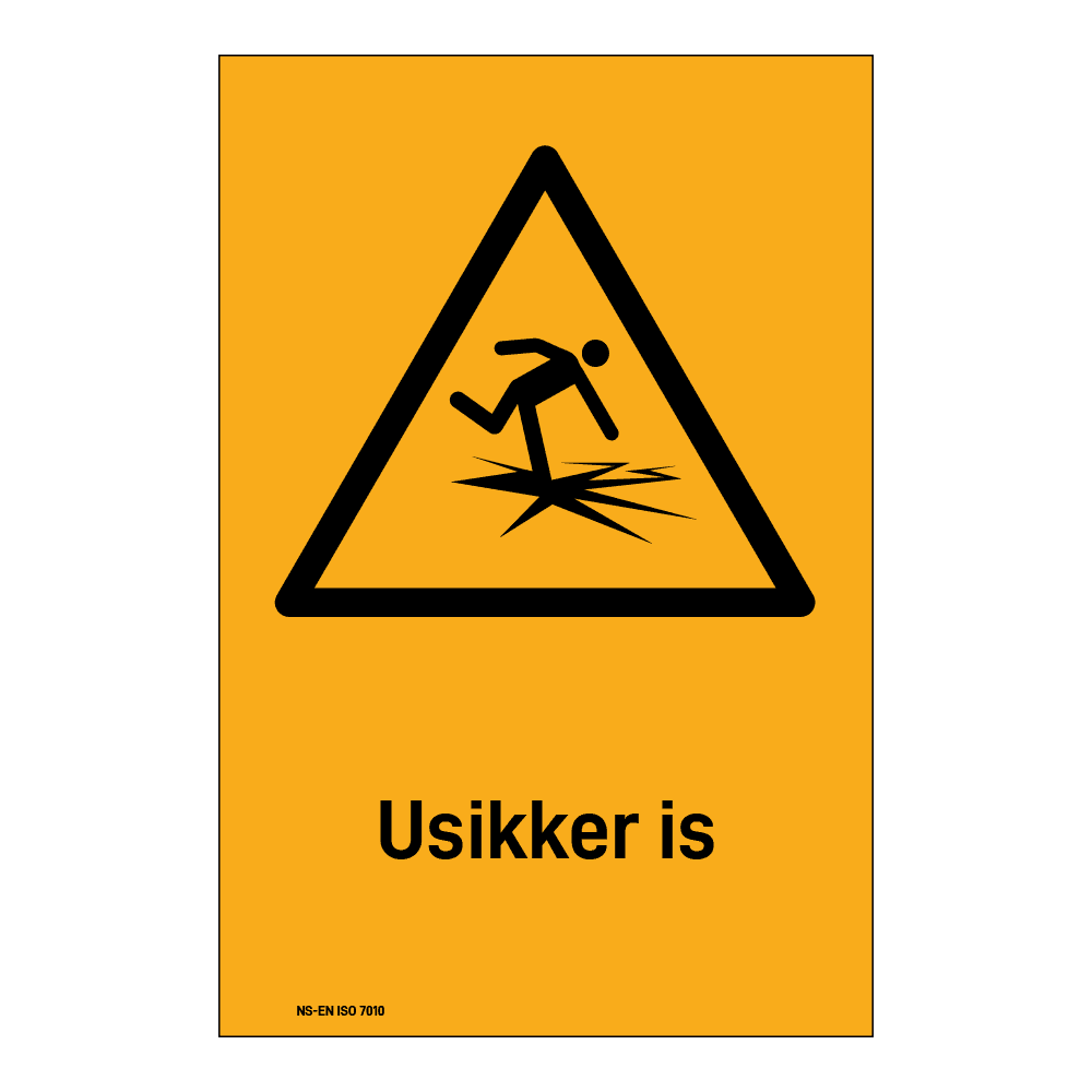 Advarsel klistremerke: "Usikker is" m/tekst under