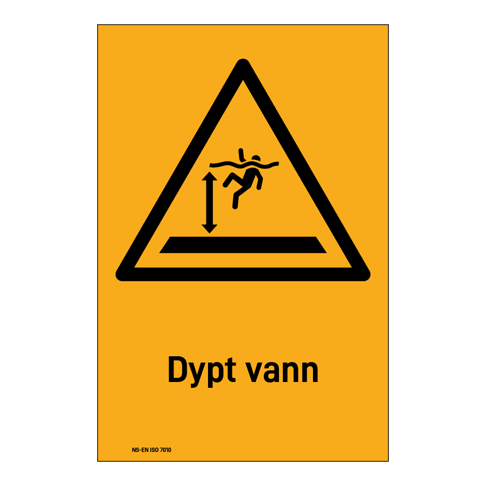 Advarsel klistremerke: "Dypt vann" m/tekst under