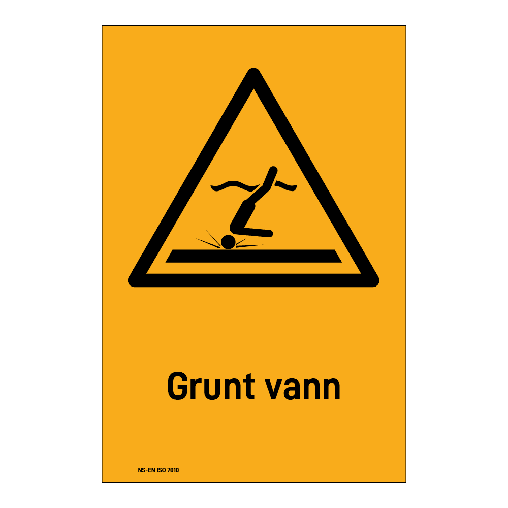 Advarsel klistremerke: "Grunt vann" m/tekst under