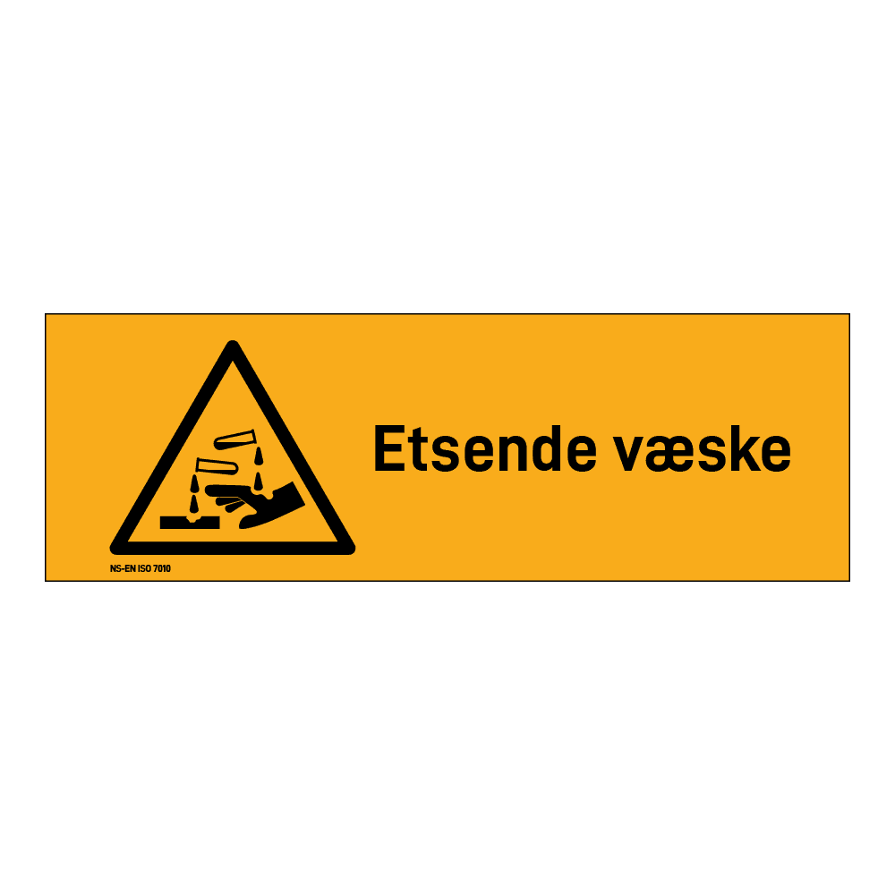 Advarselsskilt: "Etsende væske" m/tekst liggende