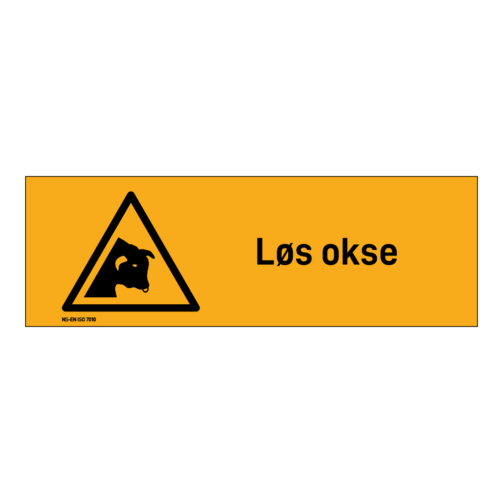 Advarselsskilt: "Løs okse" m/tekst liggende
