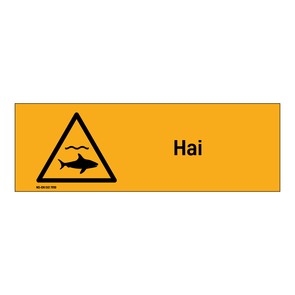 Advarselsskilt: "Hai" m/tekst liggende