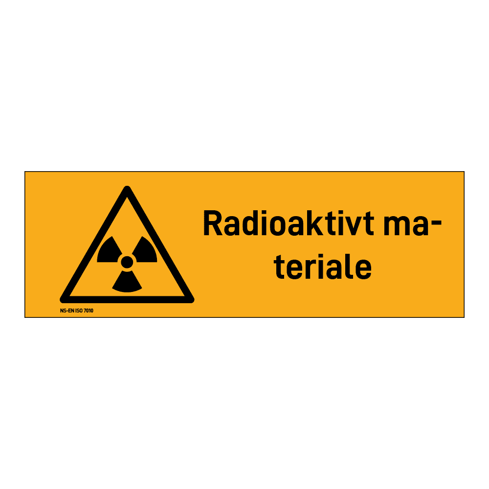 Advarsel klistremerke: "Radioaktivt materiale" m/tekst liggende