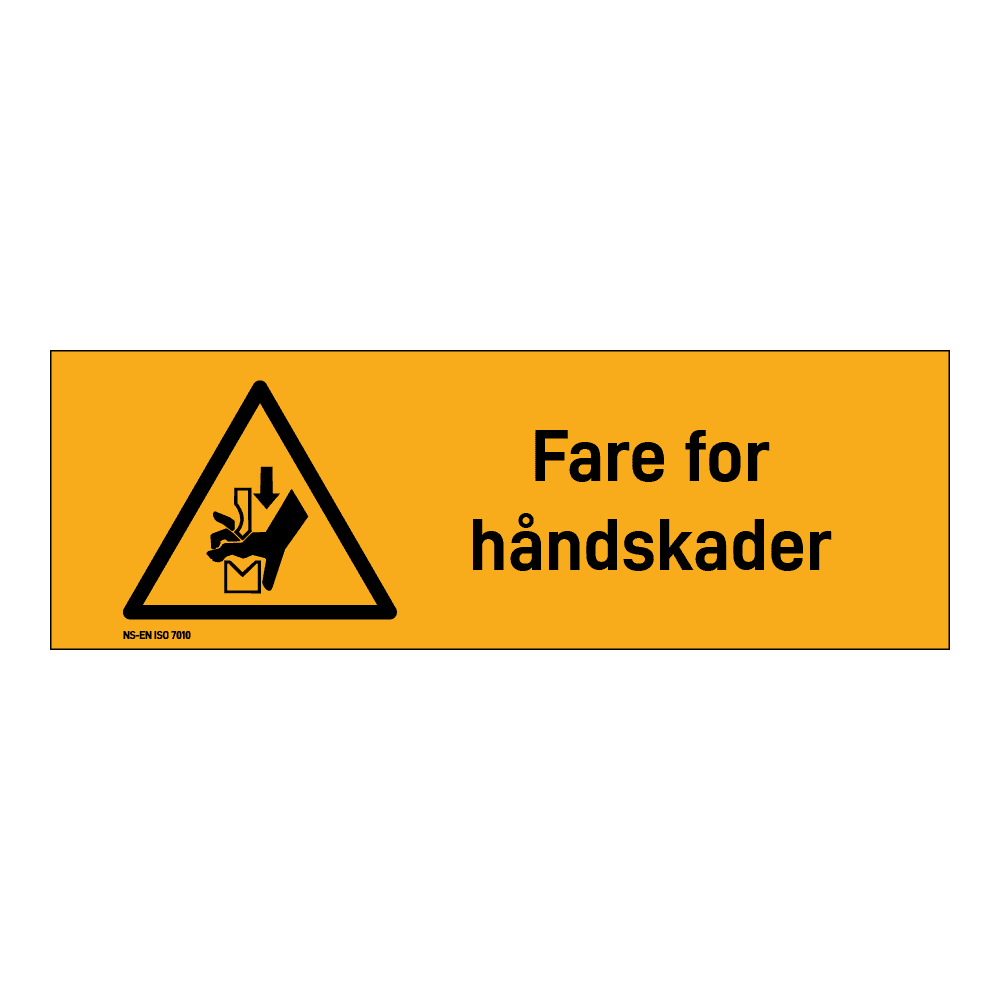 Advarsel klistremerke: "Fare for håndskade 1" m/tekst liggende
