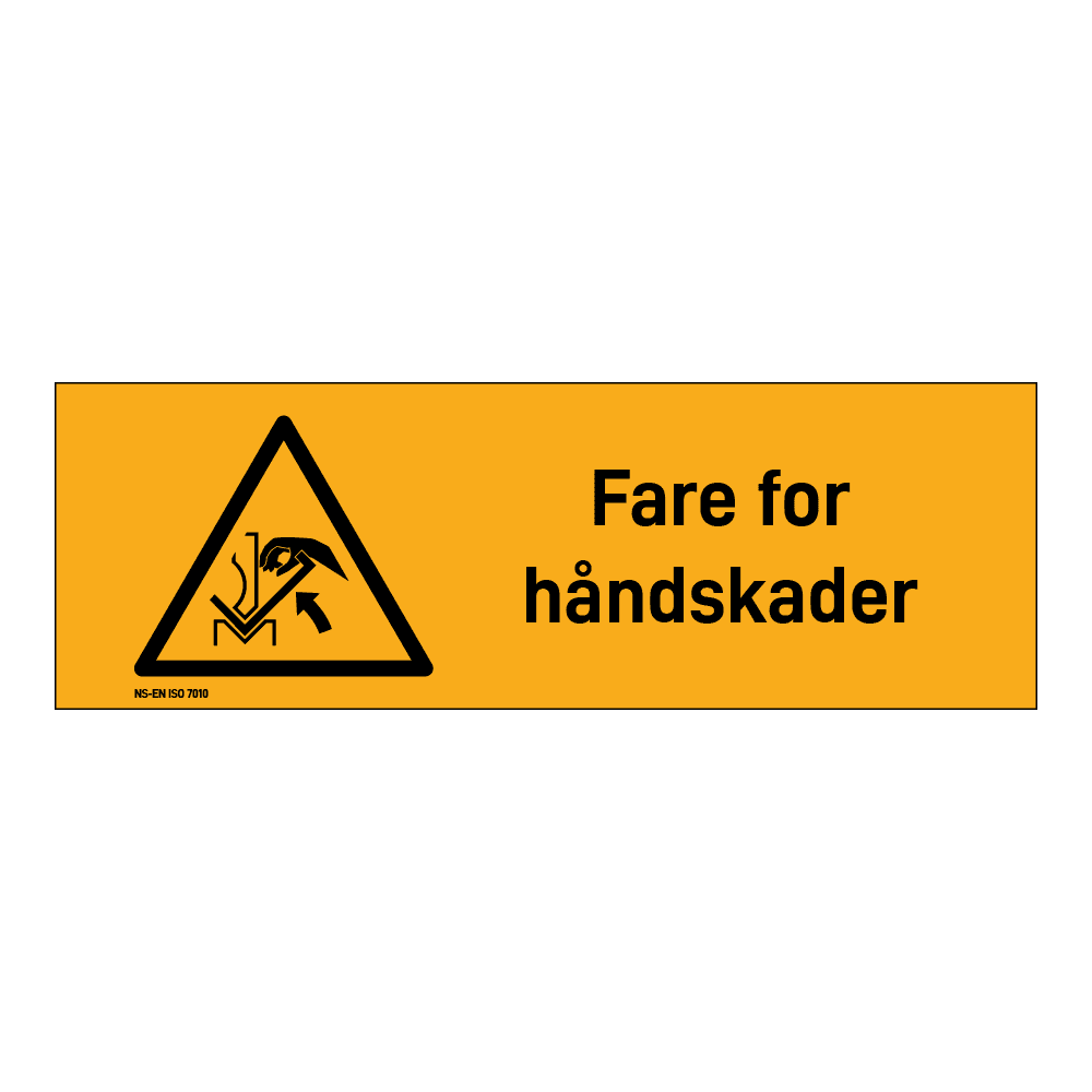 Advarsel klistremerke: "Fare for håndskade 2" m/tekst liggende