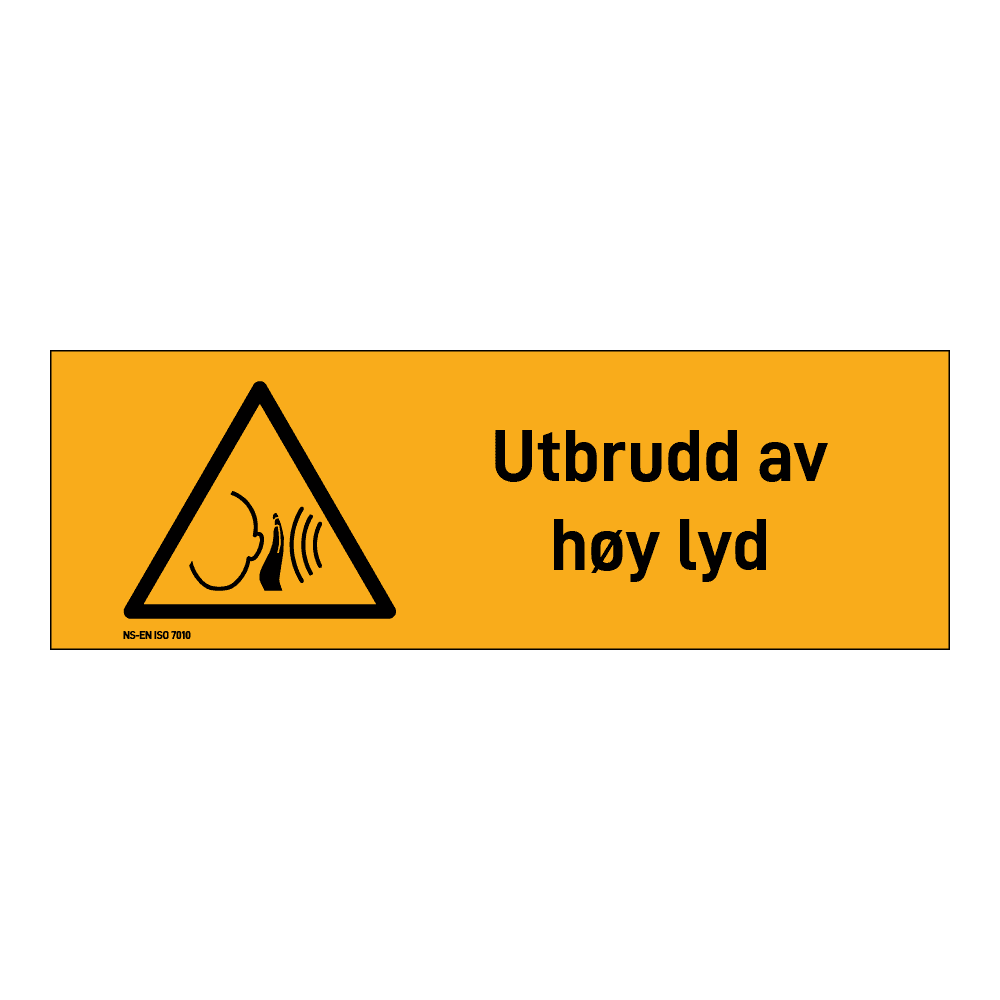 Advarsel klistremerke: "Utbrudd av høy lyd" m/tekst liggende
