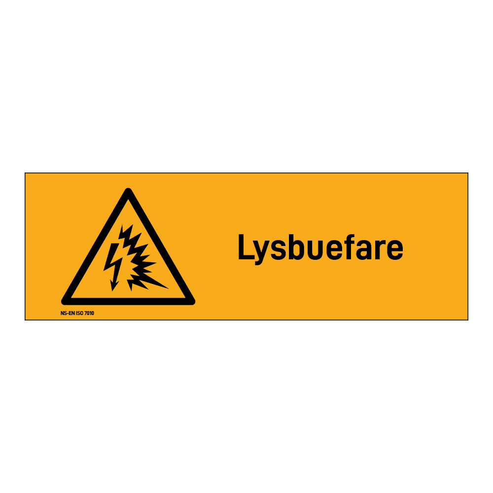 Advarsel klistremerke: "Lysbuefare" m/tekst liggende