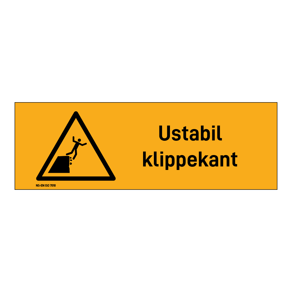Advarsel klistremerke: "Ustabil klippekant" m/tekst liggende