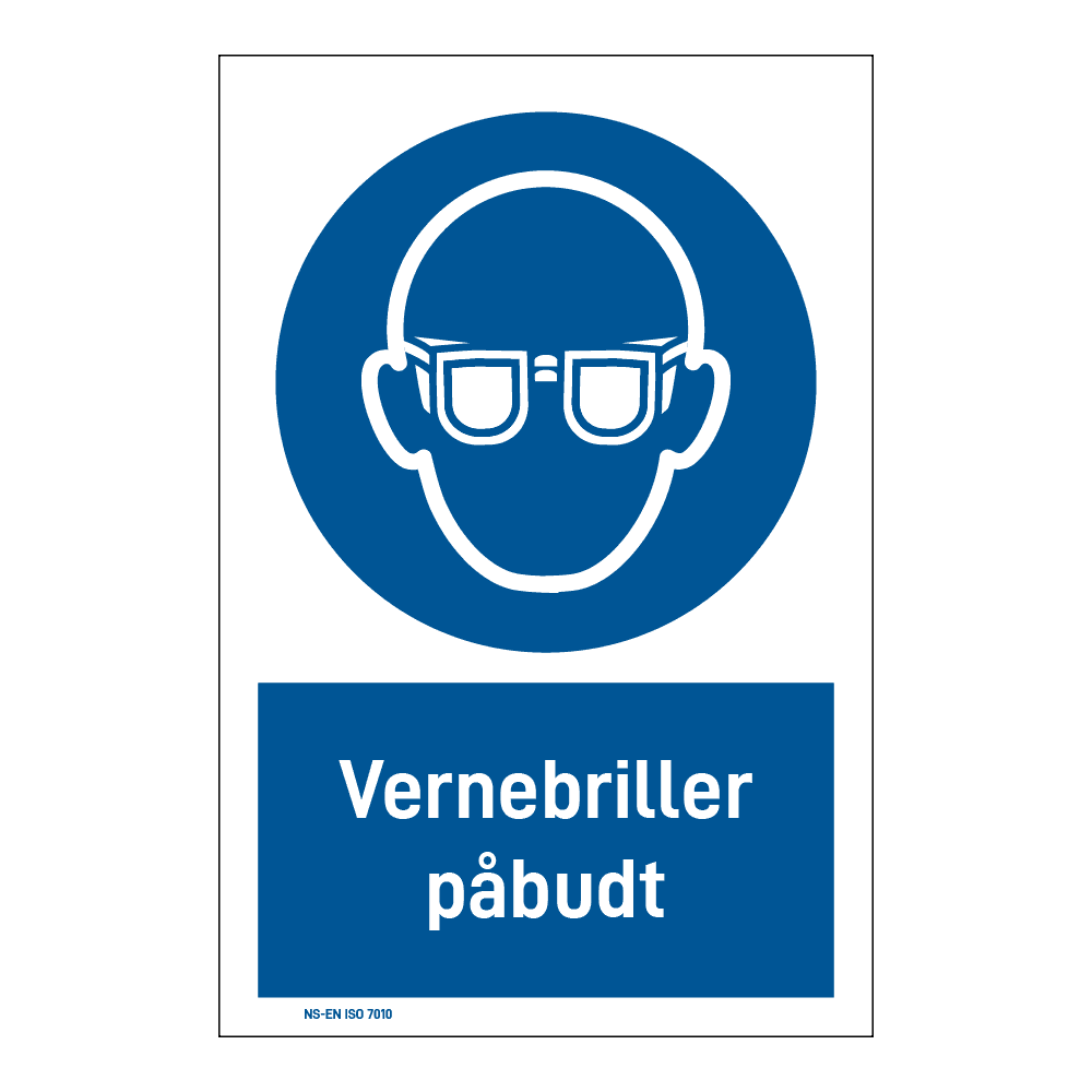 Påbudsskilt: "Vernebriller påbudt" m/tekst under
