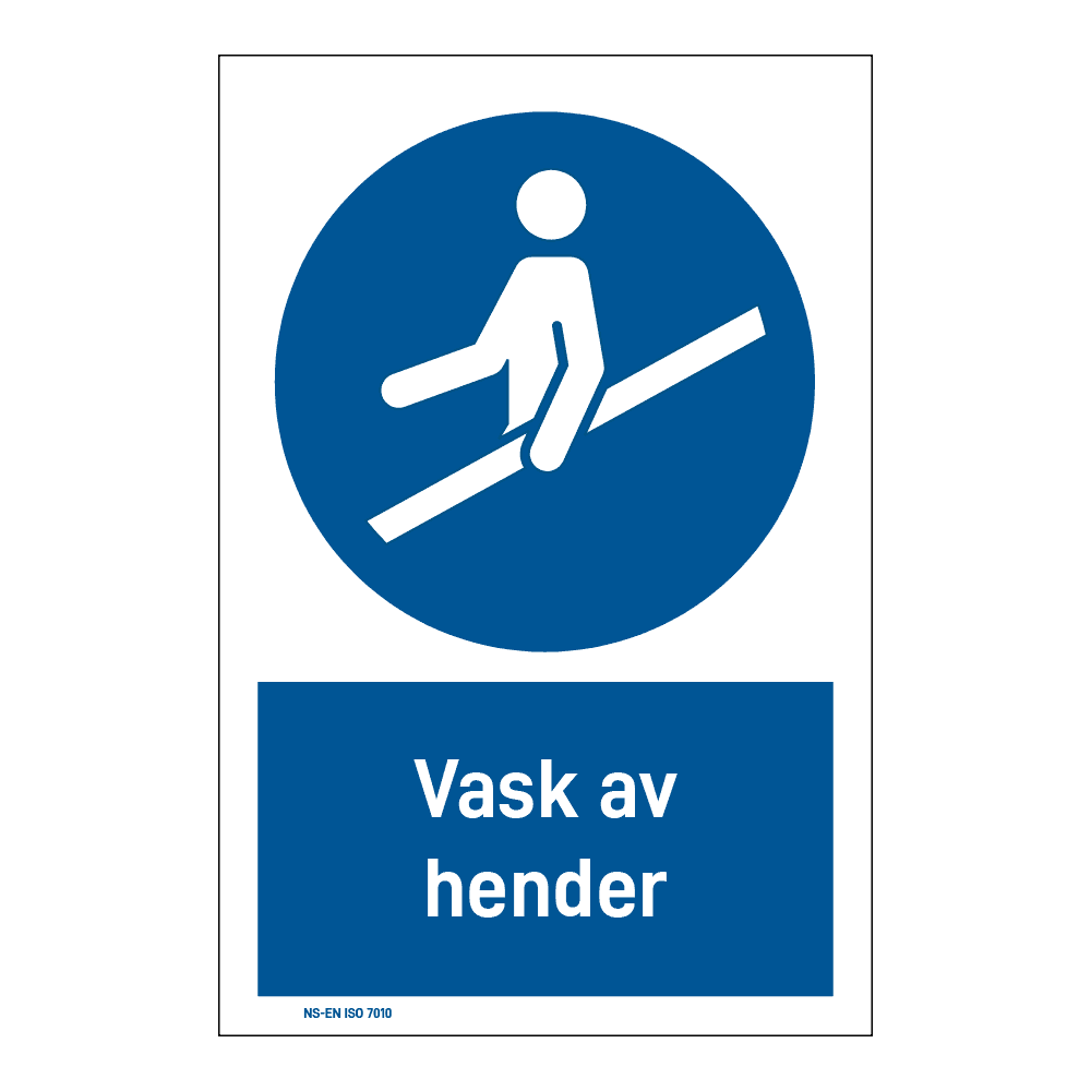 Påbudsskilt: "Bruk gelender" m/tekst under