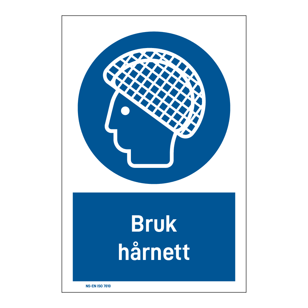 Påbudsskilt: "Bruk hårnett" m/tekst under
