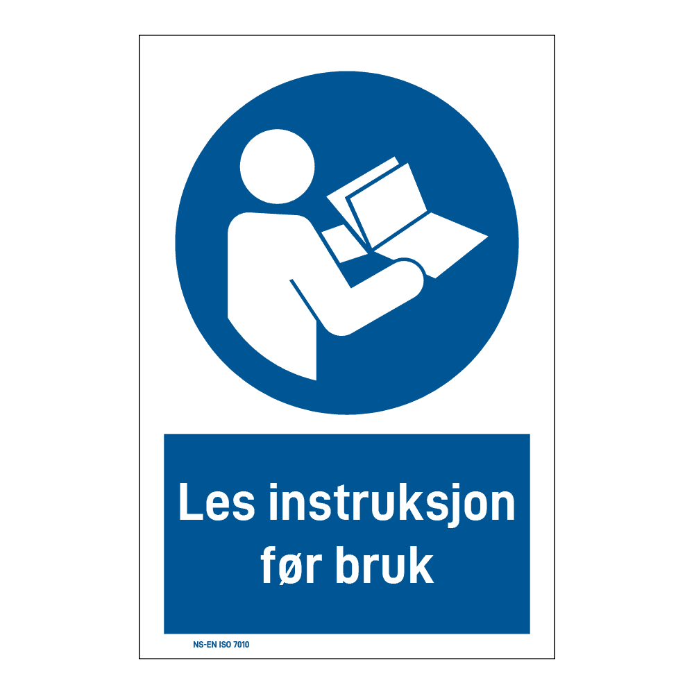 Påbud klistremerke: "Les instruksjon før bruk" m/tekst under