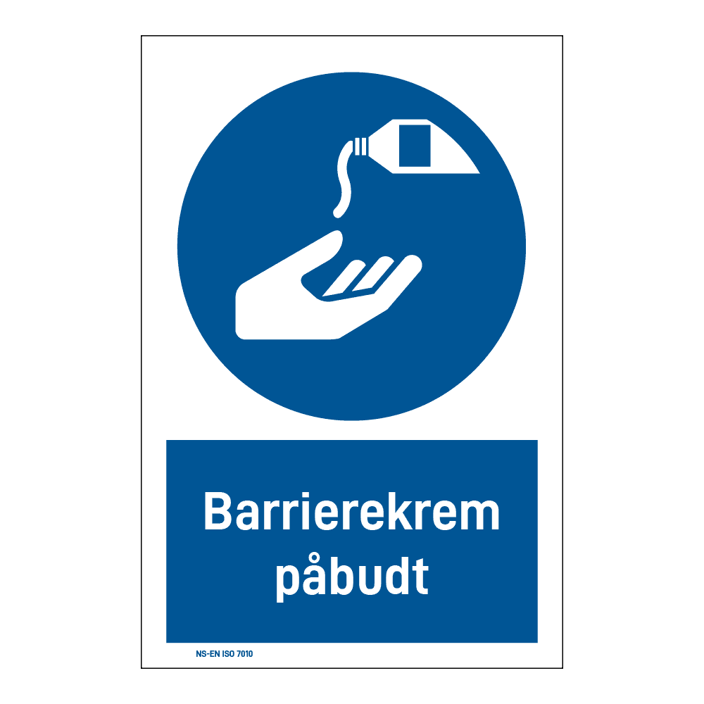 Påbud klistremerke: "Barrierekrem påbudt" m/tekst under