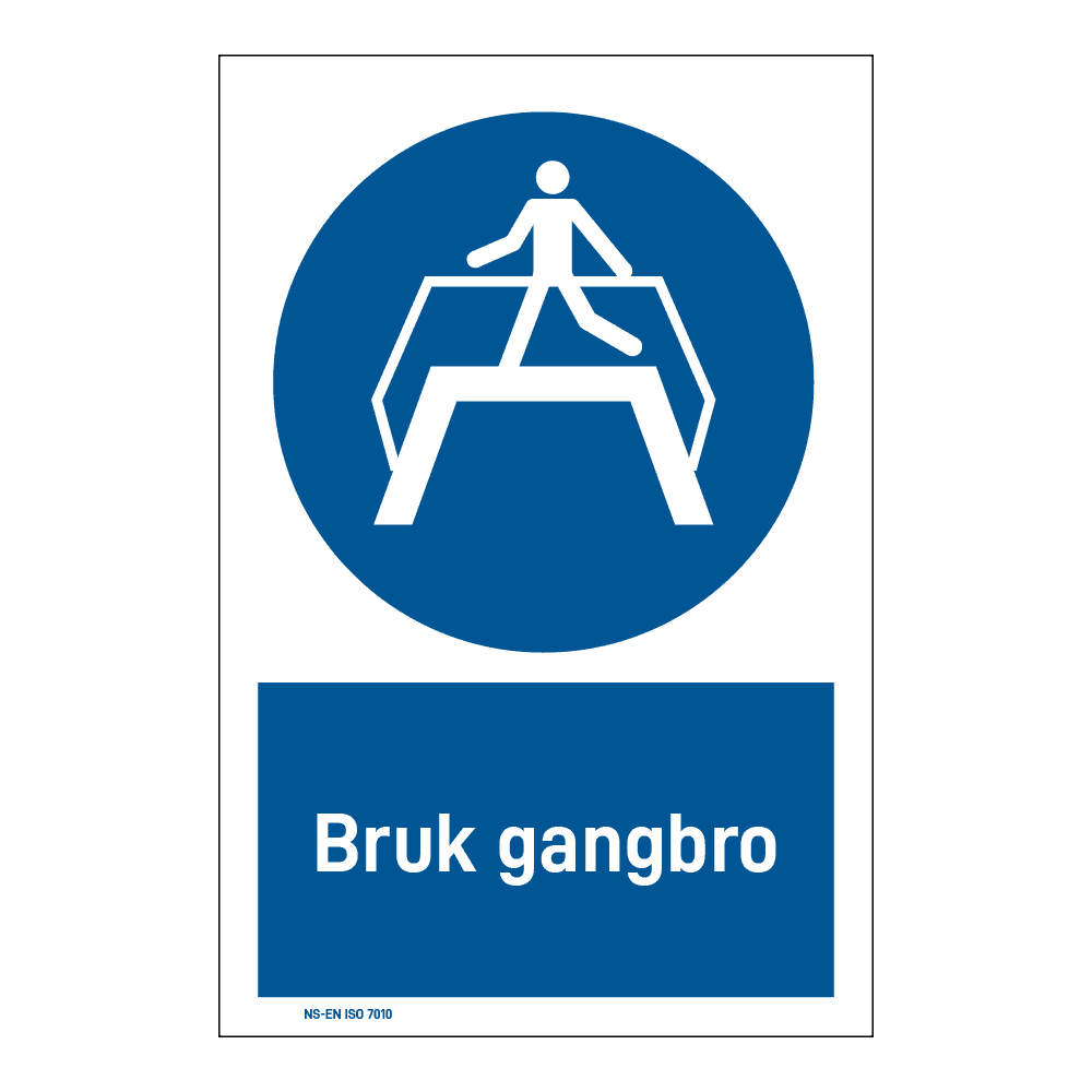 Påbud klistremerke: "Bruk gangbro" m/tekst under